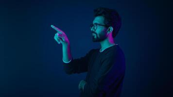Infographic hologram backdrop template ultraviolet neon background pensive man hi-tech programmer engineer touch air space futuristic user interface HUD digital cyber technology virtual screen icon photo