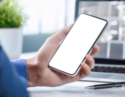 Man Holding Smartphone With Digital Wallet Interface in Modern Office Setting png