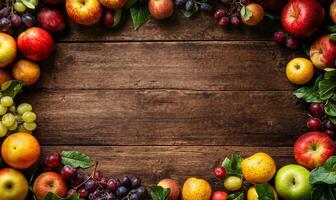 Empty wooden table with different fruits and berries, frame top view with copy space photo