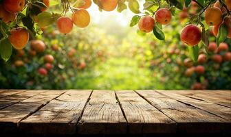 Empty wooden table and apple tree branches frame, fruit orchard background photo