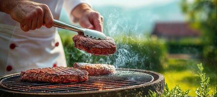 Chef holding steak with meat tongs over flaming grill, close-up, backyard in the background, copy space photo