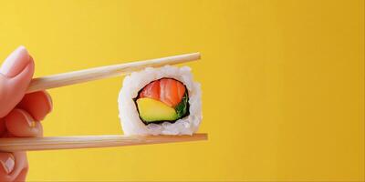Hand with sushi roll and chopsticks isolated on yellow background with copy space photo