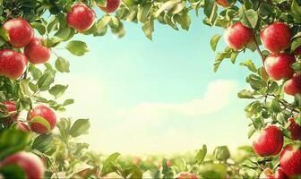 Frame made of apples on branches, sunny day background photo