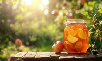 Apple jam in jar, fruit orchard background with copy space photo