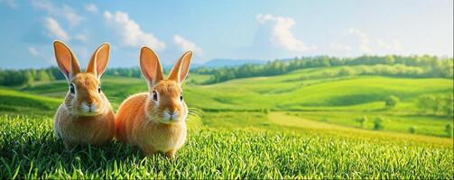 Two cute rabbits on green meadow, rural farm landscape background with copy space photo