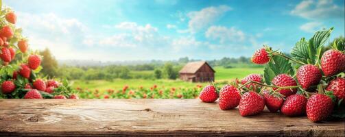 Strawberry on wooden table, blurred garden background with copy space photo