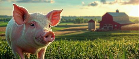 Pink pig close up, old barn and farm landscape in the background with copy space photo