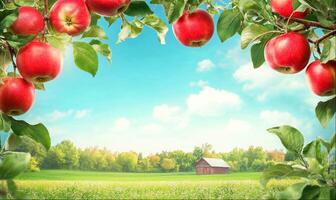 Frame made of apples on branches, rural landscape background with copy space photo