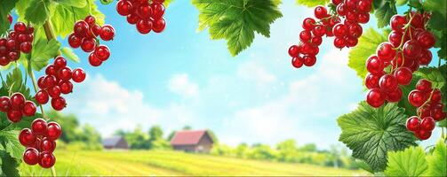 Frame made of branches with red currant berries, rural countryside landscape, background with copy space photo
