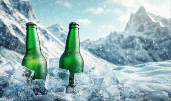 Two green beer bottles on ice, snowy mountains background with copy space photo