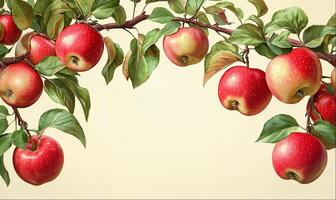 Frame made of apples on branches isolated on beige background with copy space photo