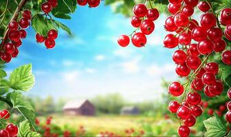 Frame made of branches with red currant berries, rural countryside landscape, background with copy space photo