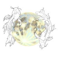 Drawing of two fish on the background of the Moon. An illustration of the horoscope of the Pisces sign. For printing maps, postcards, calendars. Design of astrological sites, tests, predictions, etc. png
