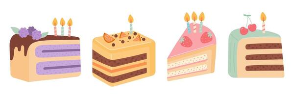 Cakes slices pieces with berries and candles vector