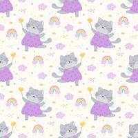 Seamless pattern with cute fairy tale cat vector