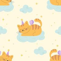 Fairy tale cat with wings on the cloud pattern vector
