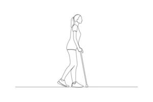 Blind woman walking with cane continuous one-line art drawing. vector