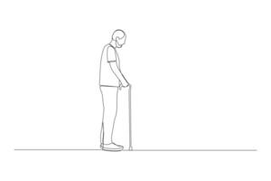 Hand-drawn old man walking with cane continuous one-line art drawing. vector