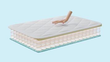mão pressionado em suave cama com em camadas Folha material colchão, ar tecido, bolso molas, natural látex isolado em azul fundo. 3d render ilustração video