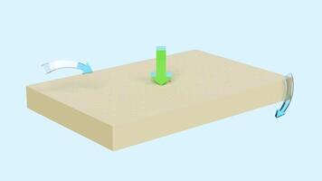 3d natural latex material sheet for soft bed with arrow pressed on natural latex sheet isolated on blue background. 3d render illustration video