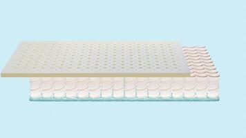 3d layered sheet material mattress with air fabric, pocket springs, natural latex isolated on blue background. 3d render illustration video