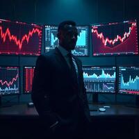 A man in a suit standing in front of multiple computer screens photo