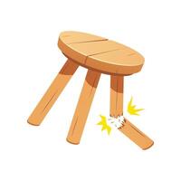 Broken three legged wooden stool isolated on white background. vector