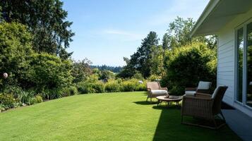 Beautiful green lawn with seating area and garden in bright daylight. photo