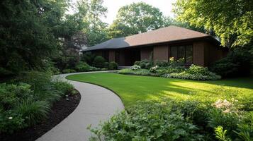 Beautiful house with lush garden and winding pathway in serene setting. photo