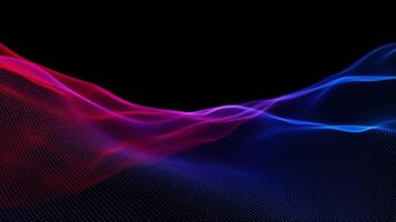 Abstract gradient particle waves seamlessly flowing with soft light and bokeh. Fucsia and blue red waves. Technology, science and artificial intelligence black background. 4k loop, 60 fps. video