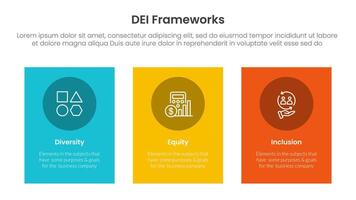 DEI organizational frameworks infographic 3 point with vertical rectangle big box for slide presentation vector
