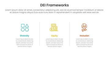 DEI organizational frameworks infographic 3 point with horizontal clean information with line divider for slide presentation vector