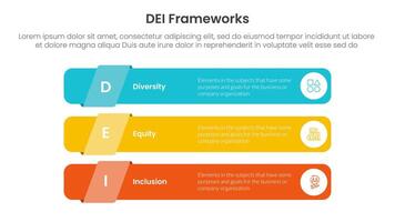 DEI organizational frameworks infographic 3 point with long round rectangle shape stack for slide presentation vector