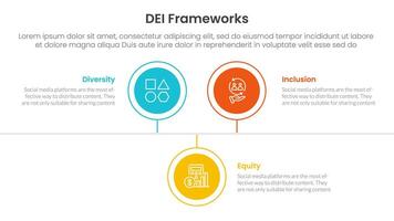 DEI organizational frameworks infographic 3 point with circle timeline right direction up and down for slide presentation vector