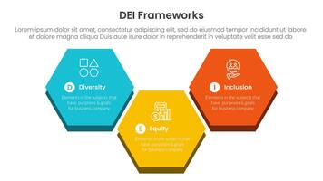 DEI organizational frameworks infographic 3 point with big hexagonal up and down shape for slide presentation vector