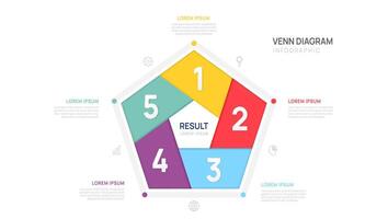Infographic Venn diagram chart pentagon template 5 steps for business start up presentation illustration. vector
