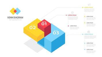 Infographic isometric Venn diagram chart template for business 3 steps illustration. vector