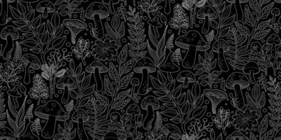 Thin White Line Art Illustration featuring Seamless Pattern of Various Mushrooms and Plants, Herbs and Leaves on Black Background. Design for Textiles, Fabrics, Wallpapers, Wrappings. vector