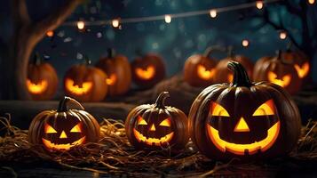 Halloween event pumpkins with glowing eyes and bokeh background with charming upscale for banners photo