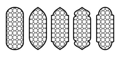 Set of Arabic or Islamic windows with geometric girikh pattern, silhouette Arabic arch. Luxury set in oriental style. Arabic muslim architecture design elements, ramadan frames. . CNC, laser vector
