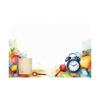 Back to school watercolor illustration of school fruits and alarm with copy space vector