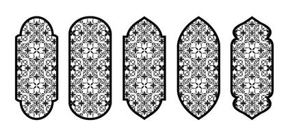 Arabian mosque window, monochrome arch arabesque ornament shapes. Old arabic window frames with geometric motif. Palace architecture elements, ramadan frames. . vector