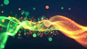Abstract green and orange glowing lines on a dark background with bokeh lights. video