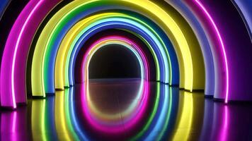 Abstract neon archway with colorful lights reflecting on the ground. video