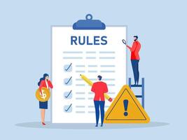 Rules and regulations document, businessman finish writing rules and regulations document,policy and guideline for employee to follow, legal term, corporate compliance or laws concept vector