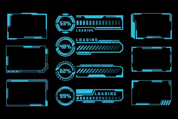 Futuristic Blue Loading Bars and Frames Hud Elements. High Tech Holographic Interface