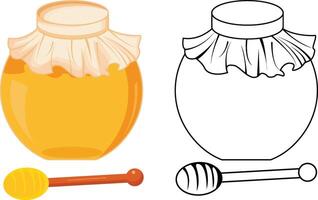 Honey Jar Illustration on white background. Honey jar and honey spoon dipper icon set. Jars and scoops of honey icon symbol in line, flat, and color style. illustration vector