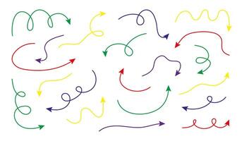 Set of thin multicolored arrows. Different shapes pointer on white background. Hand drawn lines vector