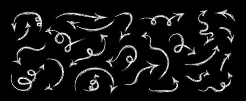 Chalk Arrows hand drawn set. Sketch pencil texture line scribble. Doodle white direction element on black chalkboard. vector