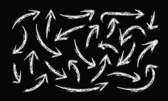 White Arrow line chalk hand drawn set on black background. Grunge doodle element scribble sketch design. Abstract crayon pencil pointer pack vector